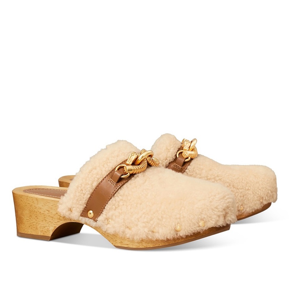 TORY BURCH Jessa Shearling Clog in Buttermilk/Royal Tan size 7